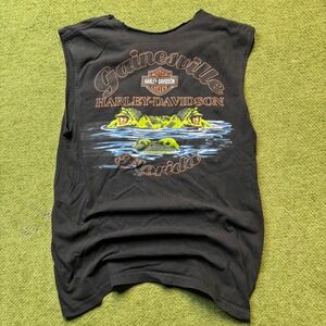 Harley Davidson Y2K Grunge Workout Skull Gainesville Gator Cut Off T-Shirt Mens